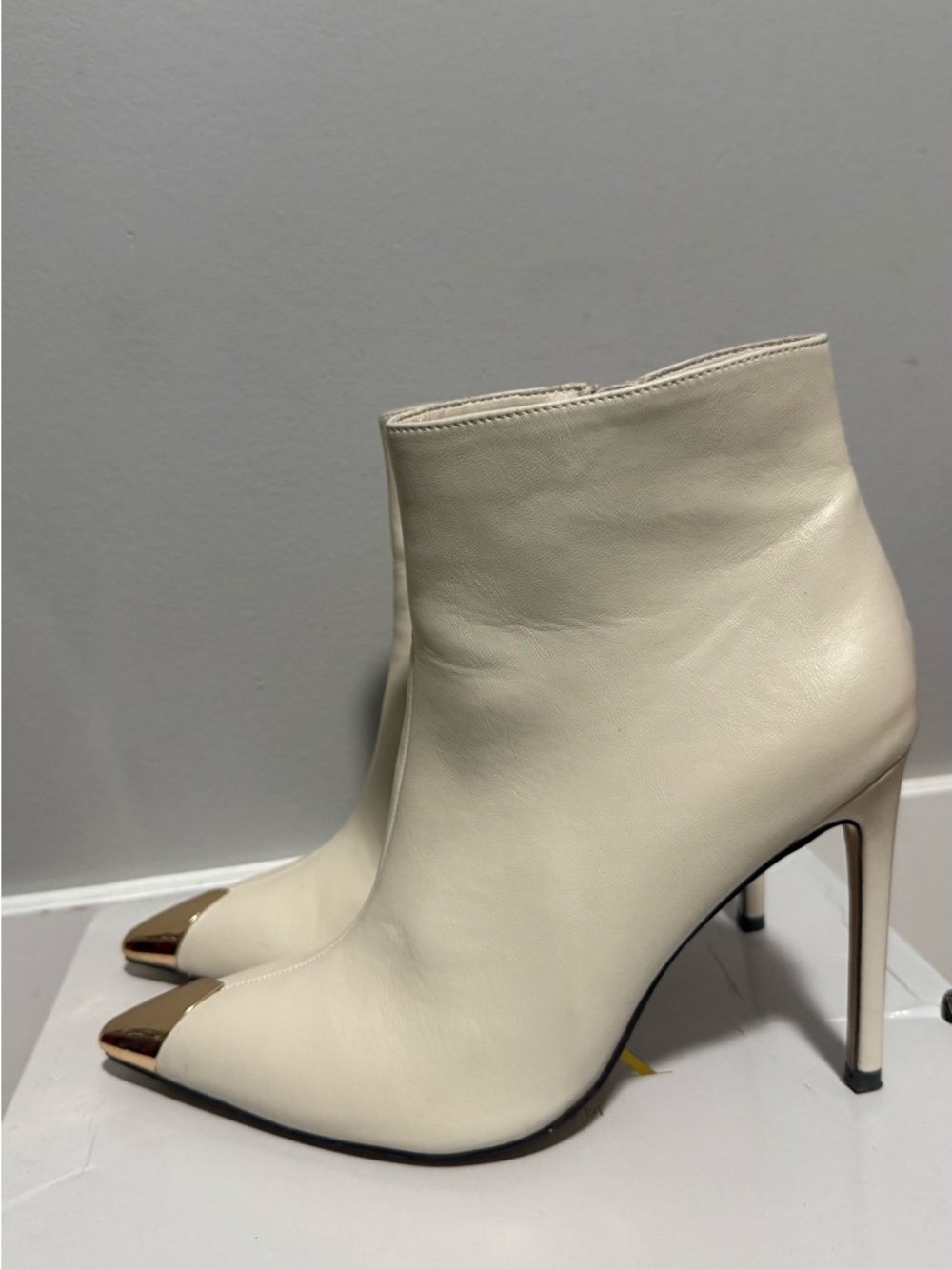 Cream Leather Ankle Booties with Gold Toe Accent